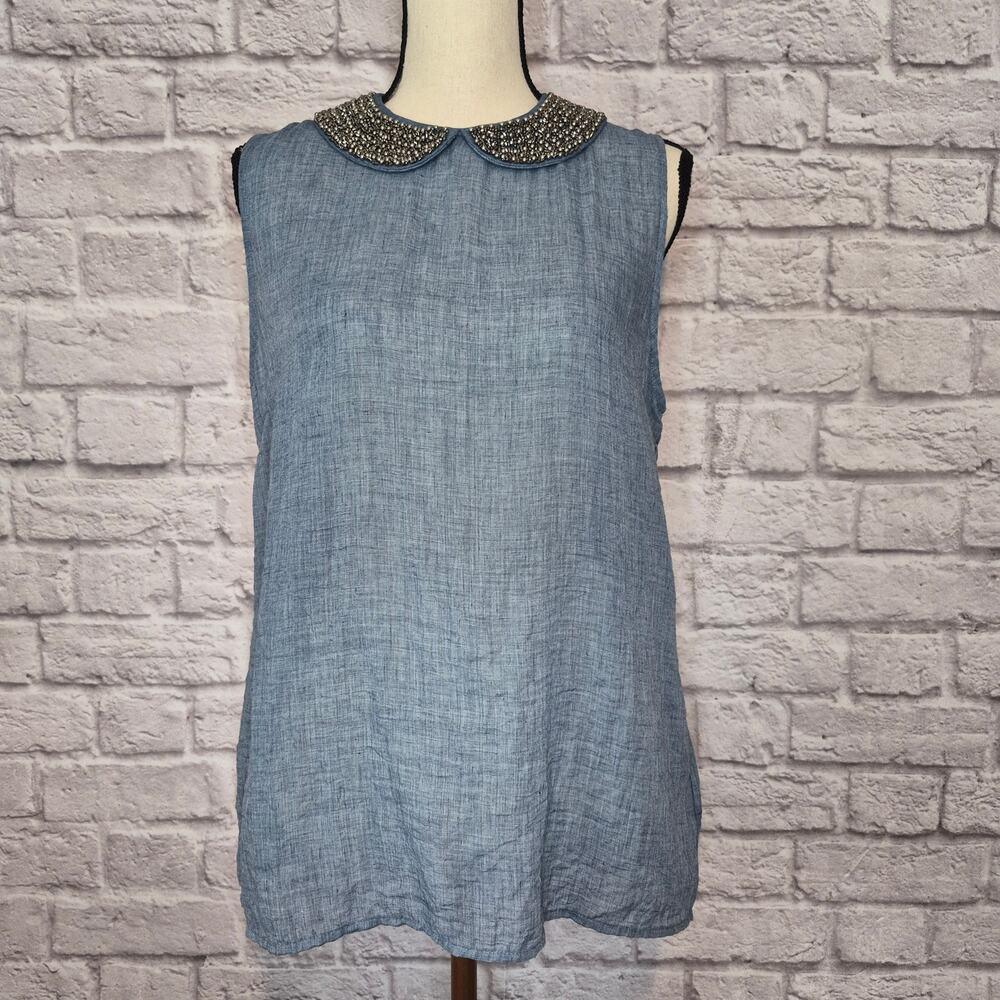 Anthropologie Maeve Chambray Blouse Sleeveless Beaded Peter Pan Collar Top Sz L - Picture 3 of 10
